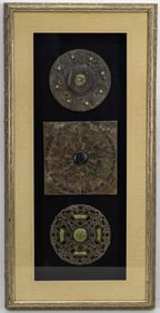 CHINESE ANTIQUE 3-PIECE PLAQUE BRONZE WITH JADE