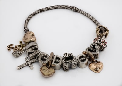 PANDORA STERLING SILVER BRACELET 47.8g WITH 12 CHARMS