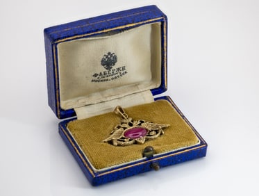 RUSSIAN 14K GOLD AND RUBY TWO-HEADED EAGLE PENDANT