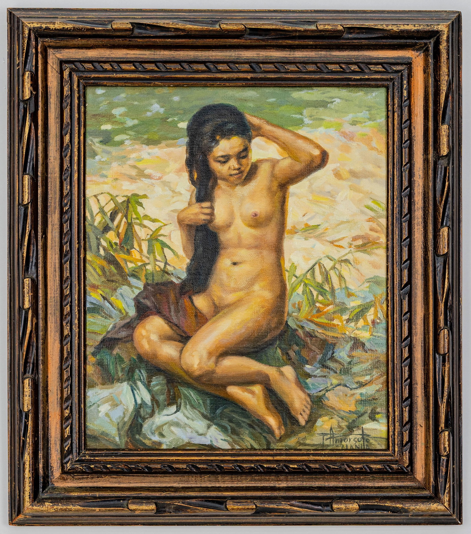 OIL PAINTING ON CANVAS ATTRIBUTED TO FERNANDO AMORSOLO: Description: Beautiful painting on canvas that showcases the female nude figure sitting down on the rock. Signed Material: Oil on canvas Measurments: with frame- 22" x 19" x 2" | without frame- 16" x 