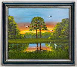 AL BLACK FLORIDA HIGHWAYMEN PAINTING O/B: Description: Florida Highwaymen Al Black, oil on masonite painting. Signed by the artist Al Black. Artist information: Al Black, Florida Highwaymen Artist. Medium: Oil on Masonite. Measurements
