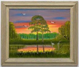 AL BLACK FLORIDA HIGHWAYMEN PAINTING O/B: Description: Florida Highwaymen Al Black, oil on masonite painting. Signed by the Artist Al Black. Artist information: Al Black, Florida Highwaymen Artist. Medium: Oil on masonite. Measurements