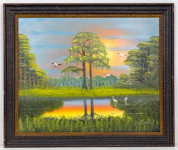 AL BLACK FLORIDA HIGHWAYMEN PAINTING O/B: Description: Florida Highwaymen Al Black, oil on masonite painting. Signed by the Artist Al Black. Artist information: Al Black, Florida Highwaymen Artist. Medium: Oil on masonite. Measurements with