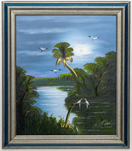 AL BLACK FLORIDA HIGHWAYMEN PAINTING O/B: Description: Florida Highwaymen Al Black painting with blue and green tones outlines the biht moon on the middle of the night, Playing with light and shadow to highlight river surronded by nature.