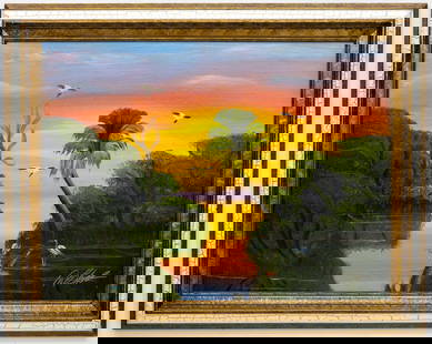 AL BLACK FLORIDA HIGHWAYMEN PAINTING O/B: Description: Florida Highwaymen. Breathtaking painting of the Florida sunset with the palm tree taking place in the middle. Material: Oil on board. Measurements with the frame: 23" x 29" x 1.5"