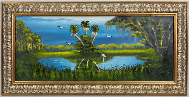 AL BLACK FLORIDA HIGHWAYMEN PAINTING O/B: Description: Oil painting that showcases the three palm trees in the middle and Florida's greenery around. Signed and framed. Medium: Oil on masonite. Measurements with the frame: 22" x 44" x