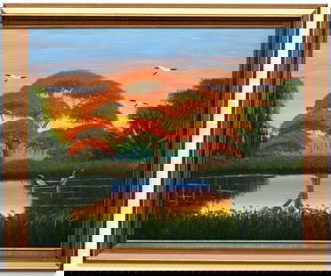 AL BLACK FLORIDA HIGHWAYMEN PAINTING O/B: Description: Vibrant painting of the Poinciana tree and the bright colors of the sunset in the background. Signed and framed. Medium: Oil on masonite. Measurements with the frame: 29" x 35" x 1"