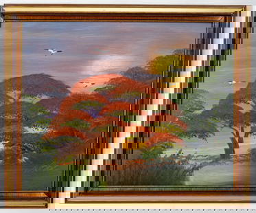 AL BLACK FLORIDA HIGHWAYMEN PAINTING O/B: Description: Vibrant painting of the Poinciana tree and the bright colors of the sunset in the background. Medium: Oil on masonite. Measurements with the frame: 29" x 35" x 1" Measurements without