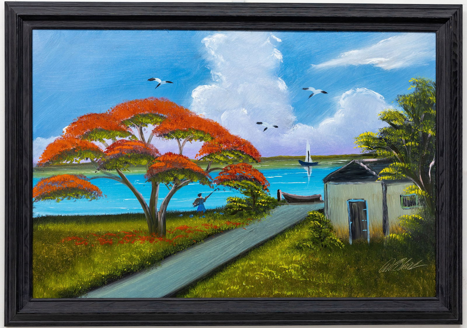 AL BLACK FLORIDA HIGHWAYMEN PAINTING O/B: Description: Al Black, Florida Highwaymen, oil on masonite. Painting captures a moment of quiet beauty at a lakeside environment. Artist Information: Al Black, Florida Highwaymen Artist. Mediu