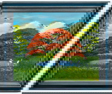 AL BLACK FLORIDA HIGHWAYMEN PAINTING O/B: Description: Al Black Florida Highwaymen. Oil Painting framed in dark wood. Painting showcases a vibrant landscape of red tree, birds by beautiful pond, and lush greenery.Artist Information: Al