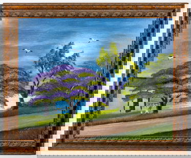 AL BLACK FLORIDA HIGHWAYMEN PAINTING O/B: Description: Florida highwaymen Al Black, oil on masonite. Painting shows beautiful scenery of a path surrounded by nature and water on a spring evening. Artist information: Al Black, Florida