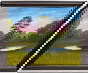 AL BLACK FLORIDA HIGHWAYMEN PAINTING O/B: Description: Vibrant painting that depicts the beauty of the small pond in the middle of the Florida landscape. Pre-owned. Material: Oil on board. Measurments with frame: 29" x 35" x 1.5"