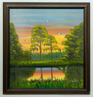 AL BLACK FLORIDA HIGHWAYMEN PAINTING O/B: Description: Beautiful painting with lush greenery, a reflective body of water, and birds in flight, set against a colorful sky. Authenticity guaranteed. Artist Information: Al Black, Florida