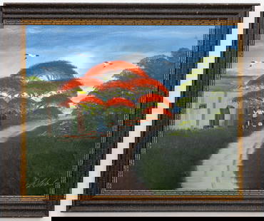 AL BLACK FLORIDA HIGHWAYMEN PAINTING O/B: Description: The painting captures a serene summer day beneath a radiant red Ponciana tree. A winding road leads past a humble house, where a child plays peacefully, evoking a sense of warmth,