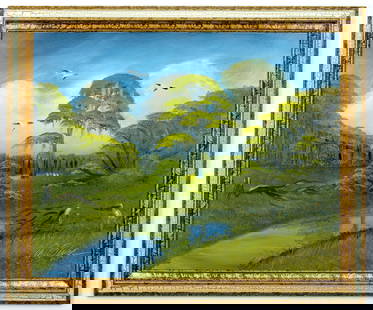 AL BLACK FLORIDA HIGHWAYMEN PAINTING O/B: Description: The painting showcases the Floridian forests with a river flowing through the middle. Artist information: Al Black, Florida Highwaymen. Materials: Oil on Masonite. Measurements with