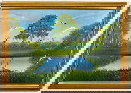 AL BLACK FLORIDA HIGHWAYMEN PAINTING O/B: Description: Lush green trees over a peaceful pond and their reflections in the calm water, graceful birds. The painting is framed in a light frame. Artist: Al Black, Florida Highwaymen. Materials: