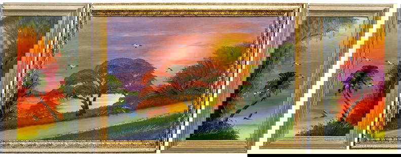 AL BLACK FLORIDA HIGHWAYMEN PAINTING O/B SET OF 3: Description:Breathtaking set of 3 painting that showcases the Florida landscape with a warm orange/purple sunset on the back of the tree and palms that you can apprecciate next ro the road.