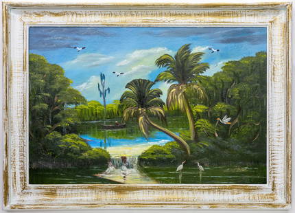 AL BLACK FLORIDA HIGHWAYMEN PAINTING O/B: Description: Breathtaking painting of the Florida wild nature with bright clear sky and birds. One of the kind painting Material: Oil on upson board Measurments: with the frame 31" x 42" x 2" |