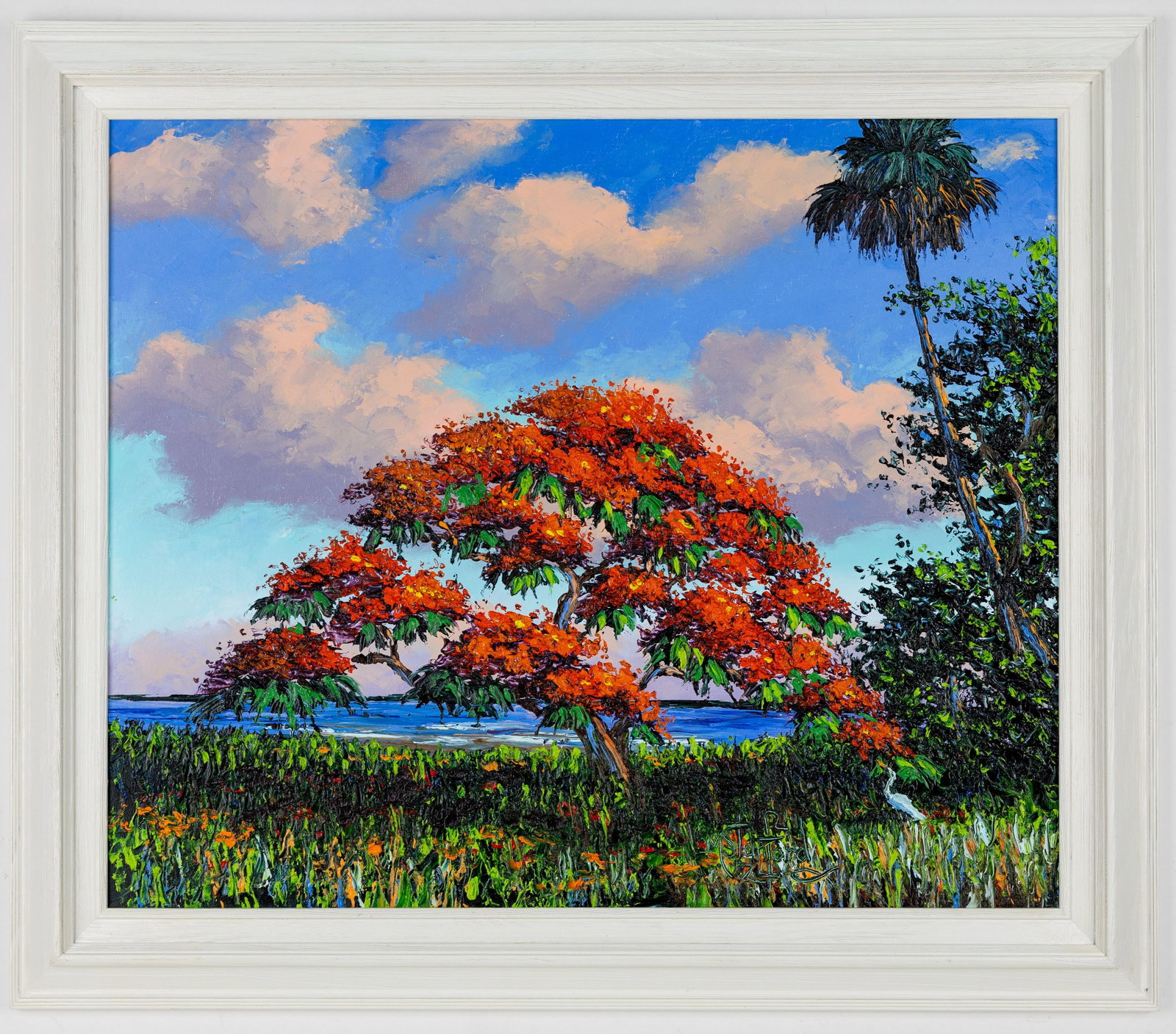 MARK STANFORD FLORIDA ARTIST ROYAL POINCIANA: Title:River Royal Poinciana Description: Oil painting on board, showcases the poinciana tree by the beach shore Material:Oil on board Artist Information: Mark Stanford Florida artist Measurments: with