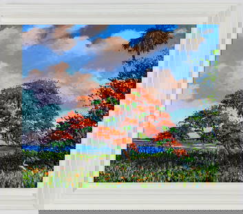 MARK STANFORD FLORIDA ARTIST ROYAL POINCIANA: Title:River Royal Poinciana Description: Oil painting on board, showcases the poinciana tree by the beach shore Material:Oil on board Artist Information: Mark Stanford Florida artist Measurments: