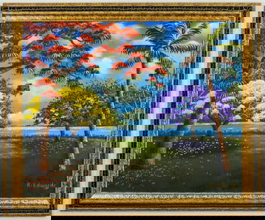 RICHARD EDWARDS FLORIDA ARTIST PAINTING O/C HIGHWAYMEN STYLE: Title: Three Poincianas and a Palm Artist information: Richard Edwards 2nd Gen Florida Highwaymen Material: Oil on Canvas Dimensions: with frame 35" x 29" Signature: Signed by the artist R. Edwards