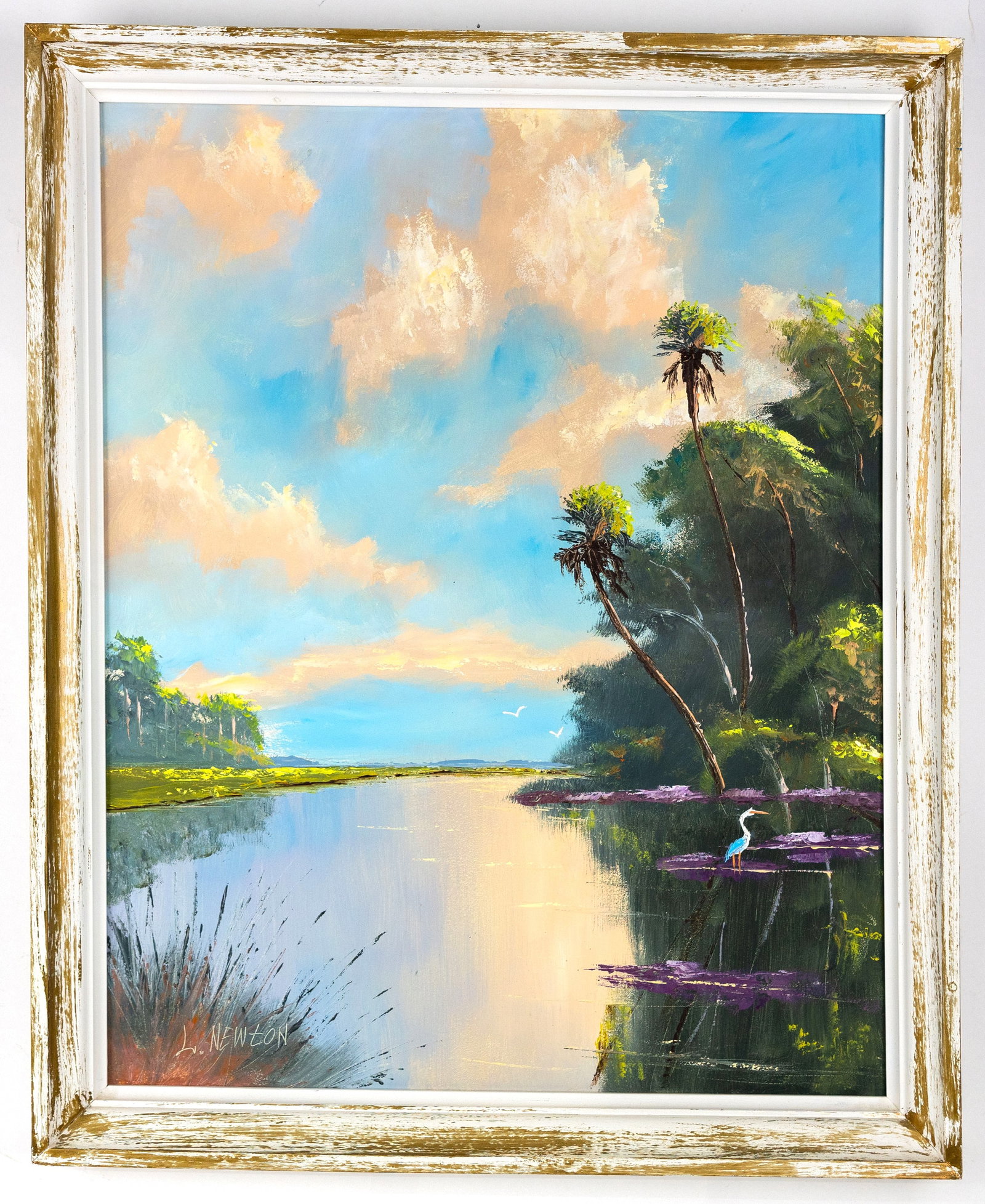 LEMUEL NEWTON FLORIDA HIGHWAYMEN PAINTING O/B: Description: Lemuel Newton (1950 - 2014) is one of the original 26 Florida Highwaymen. Bright and captivating painting that reflects the image of the Florida landscape the body of water and greenery. 
