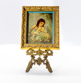 VINTAGE DECORATIVE BRONZE FRAME HOLDER STAND WITH FRAME & VINTAGE PAINTING