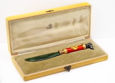 RUSSIAN SILVER ENAMEL DIAMOND AND JADE LETTER OPENER