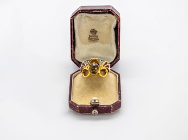 RUSSIAN GIA 1.4 CT DEMANTOID GARNET & DIAMOND ENAMEL GOLD RING