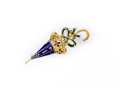 18K ENAMEL UMBRELLA BROOCH WITH RUBIES AND DIAMOND. MADE IN ITALY