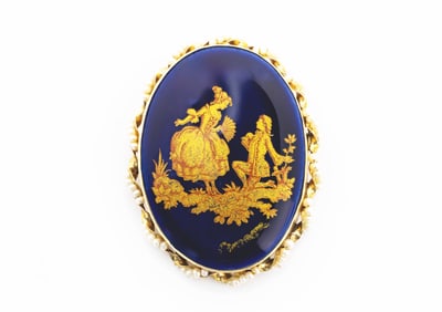 18K VINTAGE ENAMEL CAMCO BROOCH WITH PEARLS