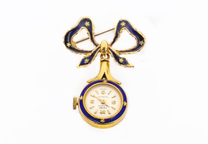 18K HEBE 17 JEWELS INCABLOC ENAMEL SWISS LAPEL WATCH-PIN