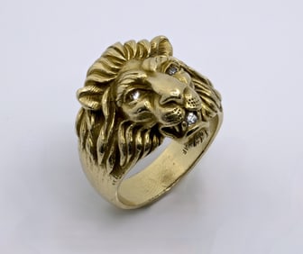 14K VINTAGE BAUMSTEIN FEDER LIONS HEAD RING WITH DIAMONDS