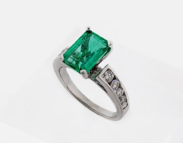 14K WHITE GOLD EMERALD RING 4.9GR WITH DIAMONDS 0.42TCW