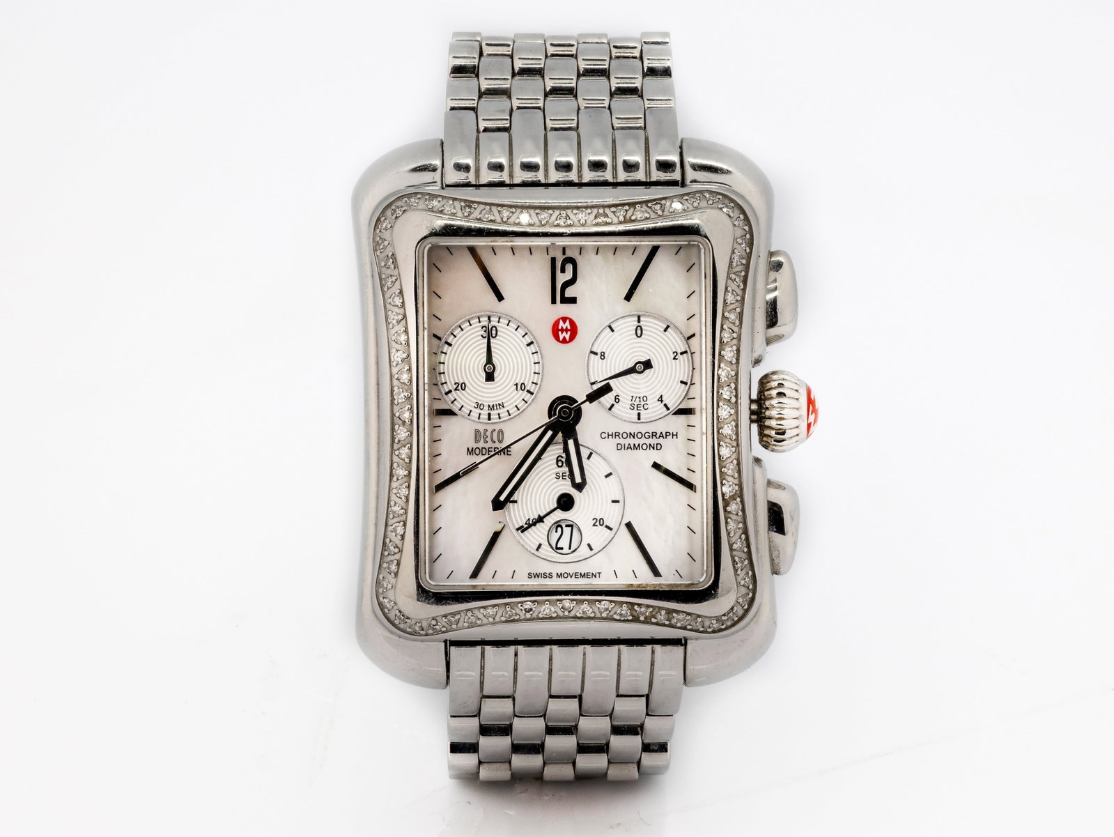 MICHELE DECO MODERNE II WATCH: Brand: Michele Model: Ladies Michele Deco moderne II Movement:Quartz Reference number:MW06U01A1025 Case material:Stainless Steel Case size:30mm Dial color: Black Wrist Siz