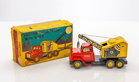 LINEMAR VINTAGE CRANE TRUCK TOY WITH SIREN. MADE IN JAPAN