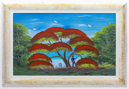 AI BLACK FLORIDA HIGHWAYMEN O/B PAINTING: Artist, Year, Title: Al Black (1947), Florida Highwaymen, Royal Poinciana TreeOrigin: Florida, 2025Medium: Oil on board.