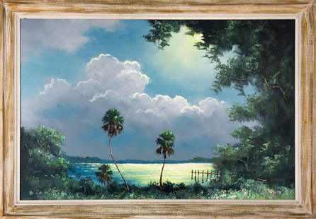 HAROLD NEWTON FLORIDA HIGHWAYMEN O/B PAINTING: Artist, Title, Medium: Harold Newton Florida Highwaymen Pastoral Waterway Origin, Year: Florida, mid to late 20th century Dime