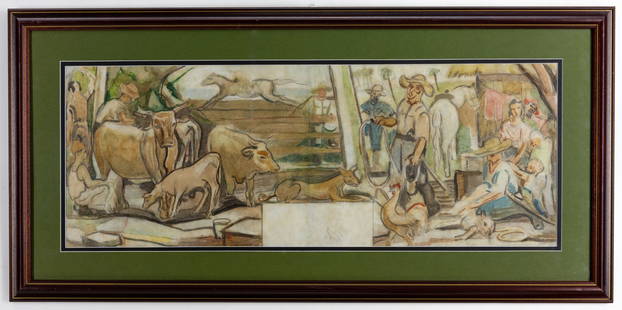 DOMINGO RAVENET ESQUERDO (CUBA 1905-1969) WATERCOLOR PAINTING.: Description: watercolor painting on cardboard by domingo ravenet esquerdo titled "boseto mural la ganaderia", 1940. painting is on paper without a frame. This work belongs to the family heritage with