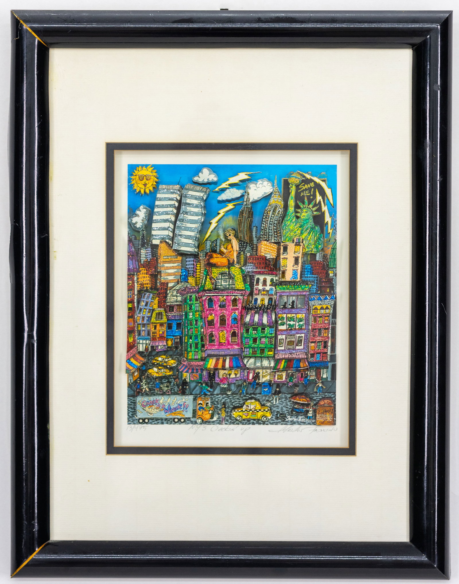 CHARLES FAZZINO 3D MIXED LITHOGRAPH LTE 13/475 N.Y.'S CRACKING UP: Artist, Title, Medium: Charles Fazzino, N.Y.'s Cracking Up, 3D Mixed-Media Lithograph Origin, Year: United States, 1992 Dimensions: With frame: 15" x 13" x 1" | Without frame: 9" x 7"<