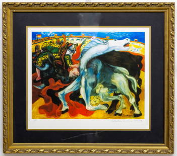 PABLO PICASSO LITHOGRAPH. LIMITED EDITION 14/500.: Title: Corrida la Mort du ToreroDescription: Limited Edition 14/500. This print focuses on the goring of a picador as his horse is charged by the bull and he is thrust into the air and onto the ground
