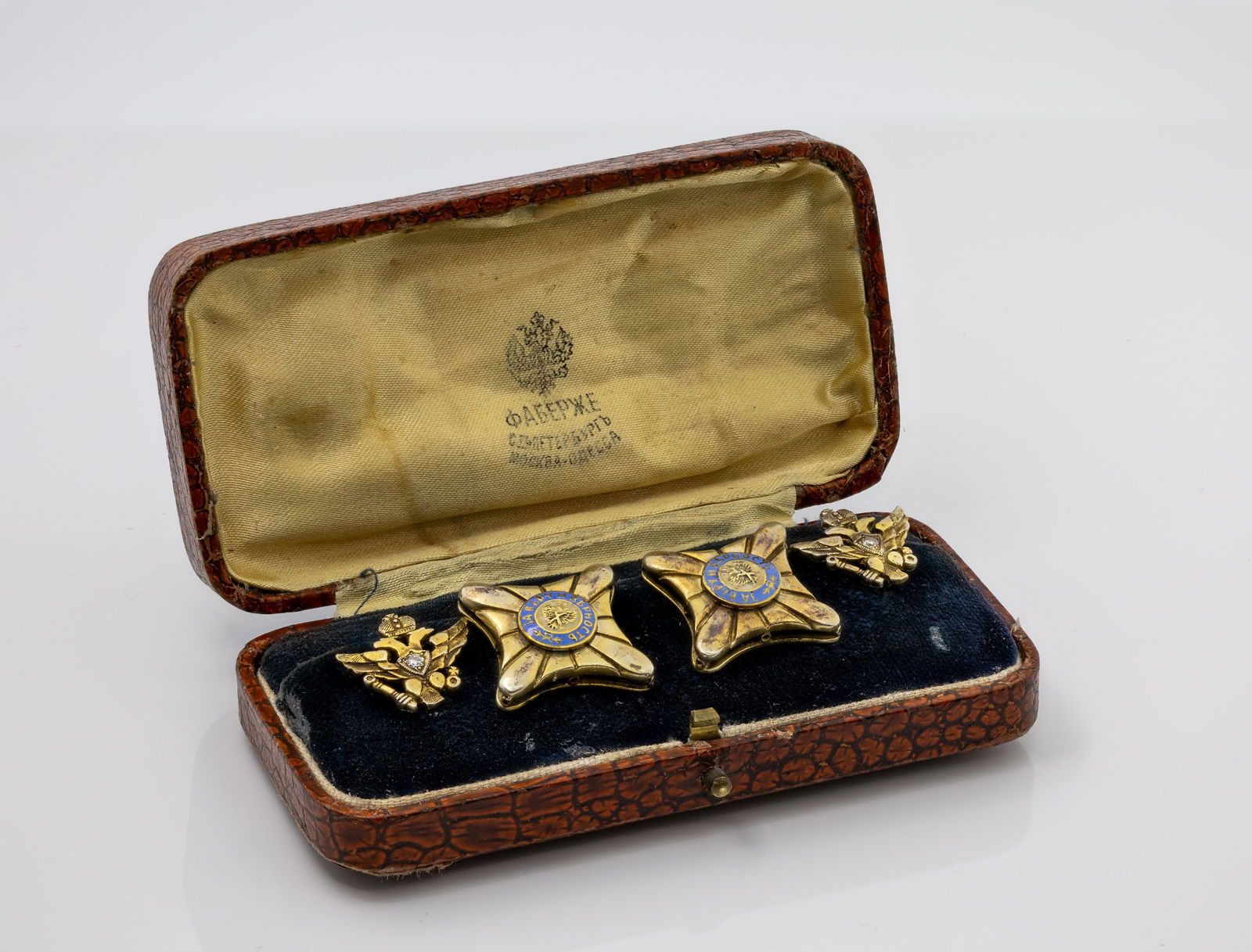 RUSSIAN ANTIQUE SILVER & ENAMEL CUFFLINKS: Description: Beautiful russian antique cufflings "For faith and loyalty" Material: Silver & Enamel Gemstones: Diamonds - 2pc- 0.05ct each Weight:Total weight: 16.5g Measurments:Star- 26mm | Eagle- 16m
