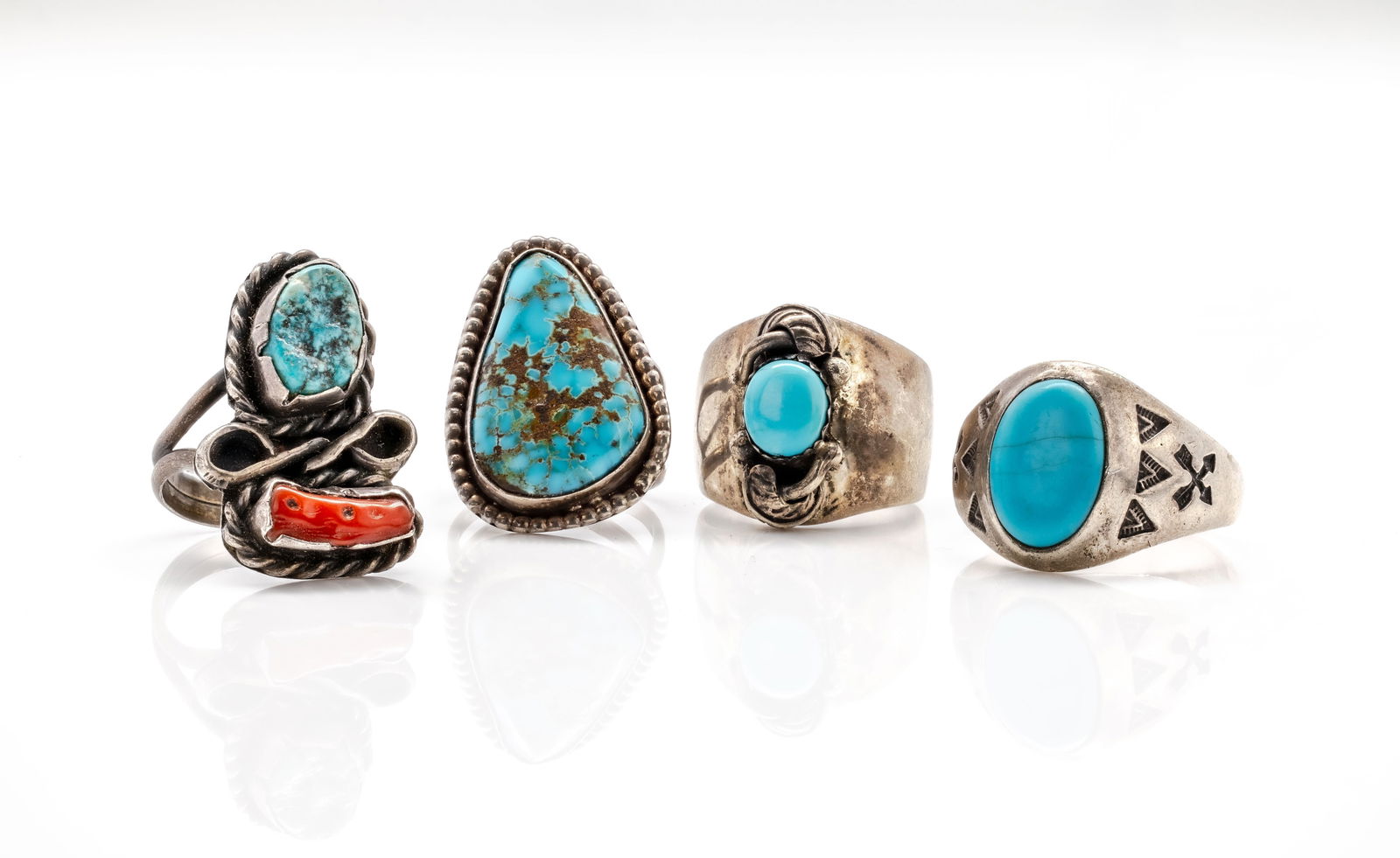 SET OF 4 STERLING SILVER RING TURQUOISE & RED CORAL GEMSTONES (1 of 18)