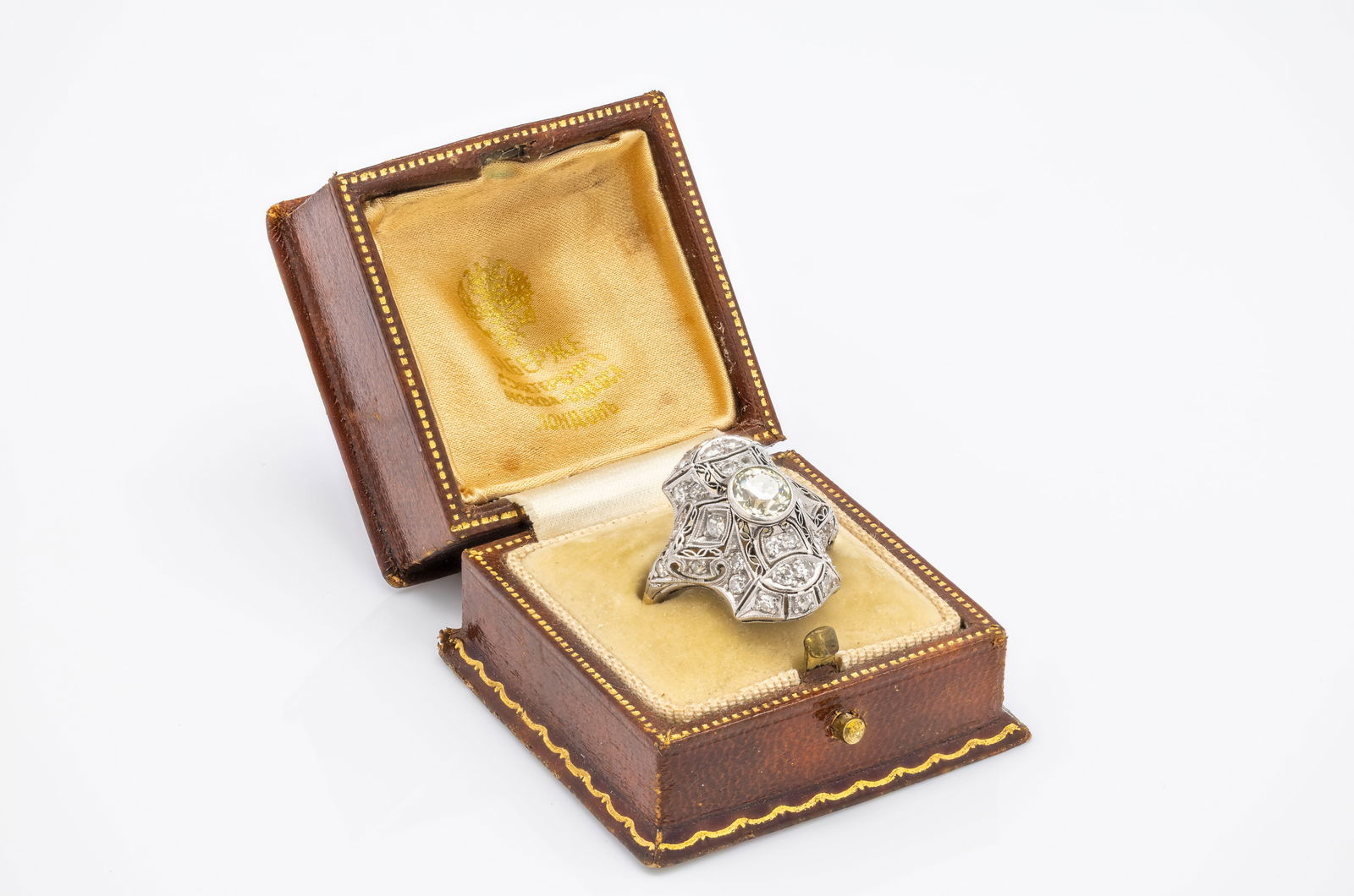 RUSSIAN ANTIQUE 14K GOLD RING WITH DIAMONDS: Title, medium: Russian Antique Ring with center stone 1.0 ct Diamonds, 14K GoldOrigin, year: Imperial Russia, Early 20th CenturySize: 9.75