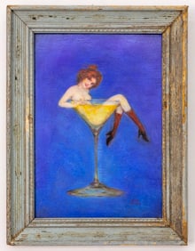 Unknow American Artist O/B Painting Pin-up Girl on a Cocktail glass