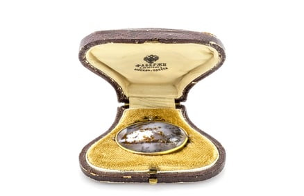 Russian Antique Faberge Era Gold with Diamonds Moss Agate Brooch