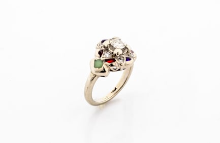 14K White Gold Kids Ring Art Deco Plecajure Enamel & Diamond