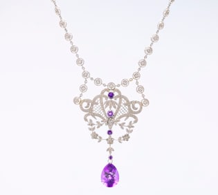 Lavaliere Necklace 18K White Gold Diamonds & Amethyst