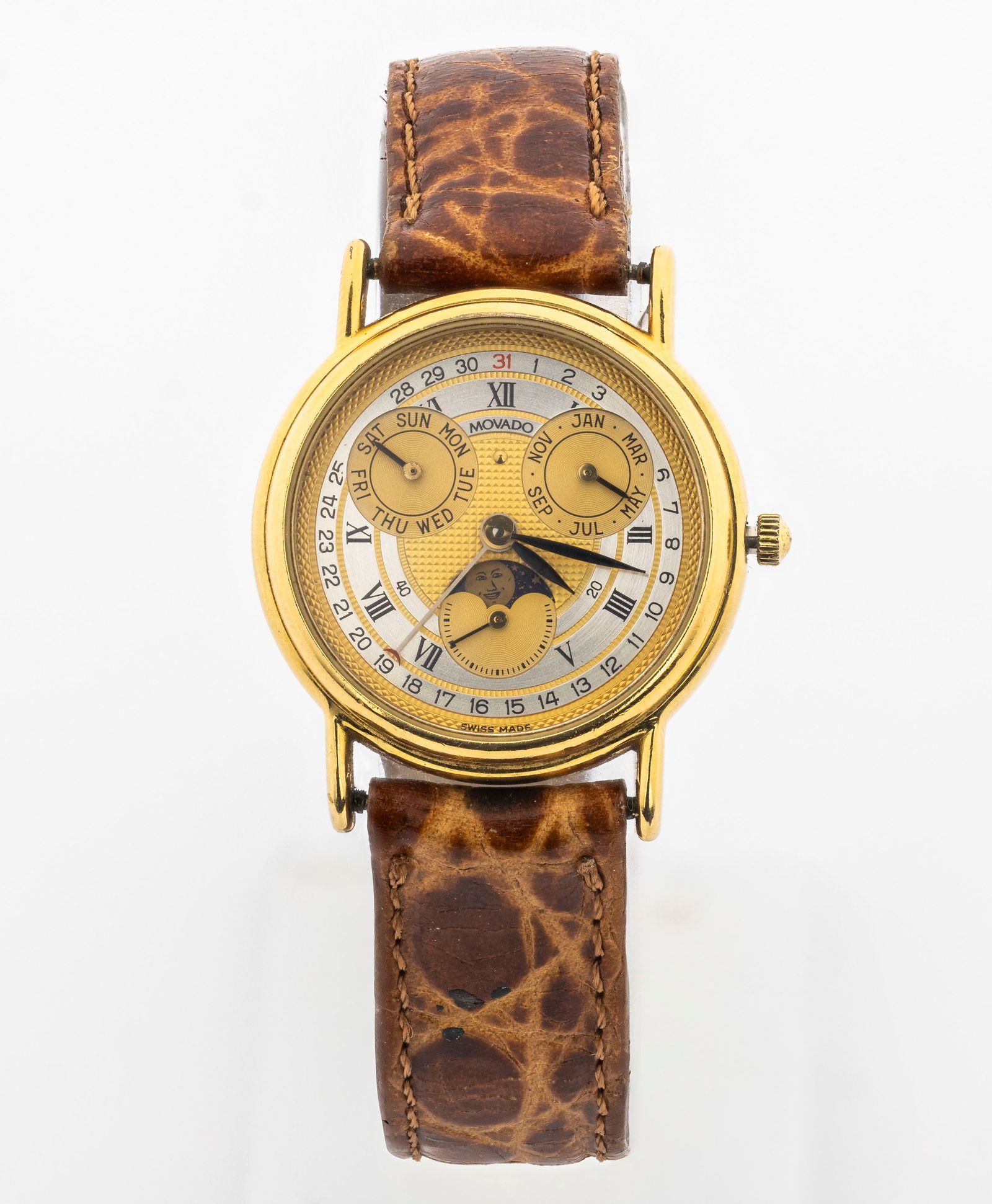 Movado Moonphase Watch 87-03-822 Triple Calendar RARE: Brand: Movado Model: Moonphase 87-03-822 water resistantMaterial: Stainless Steel, Gold plated, Saphire crystal, 30 diamondsSerial number: 464610mo