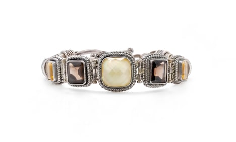 Artisan Sterling Silver Bracelet with Quartz, Citrine & Mother of Pearl